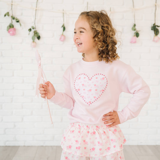 Dainty Rose Pearl Heart Patch Sweatshirt
