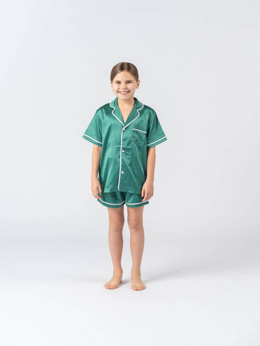 Kids Satin PJ Set - Emerald Green