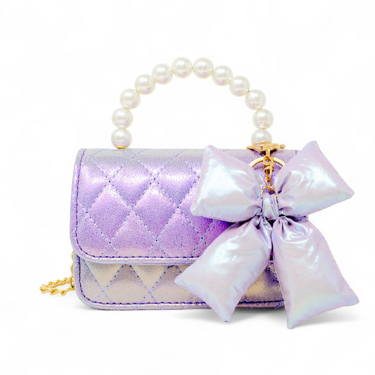 Quilted Fluffy Bow Handbag- Purple