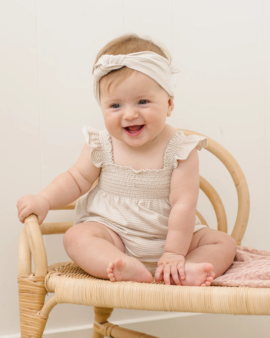 Smocked Ruffle Romper- Oat Stripe