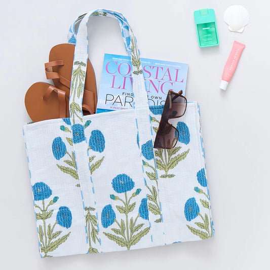 Large Quilted Tote - Blue Dandelion