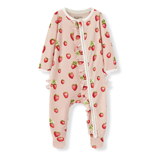 MB Ruffle Zip Footed Romper - Strawberry