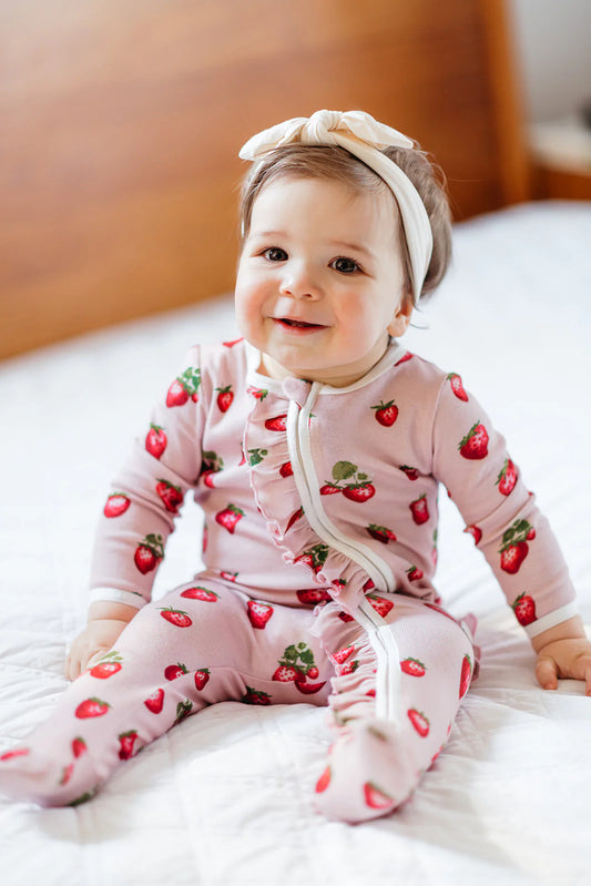 MB Ruffle Zip Footed Romper - Strawberry