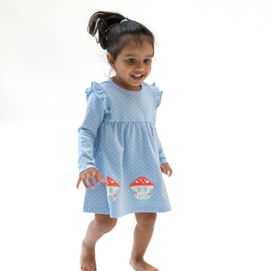 Chambray Blue Dot Dress w/Mushroom Houses