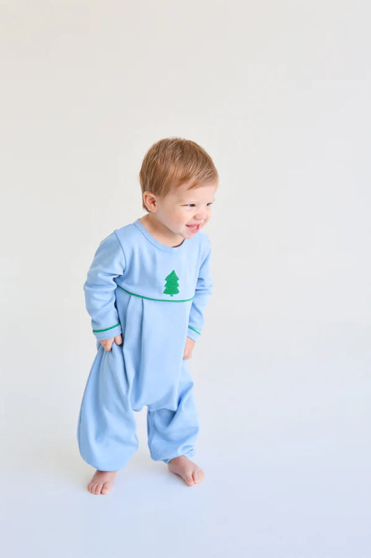 Bradford Romper- Blue w/Christmas Tree