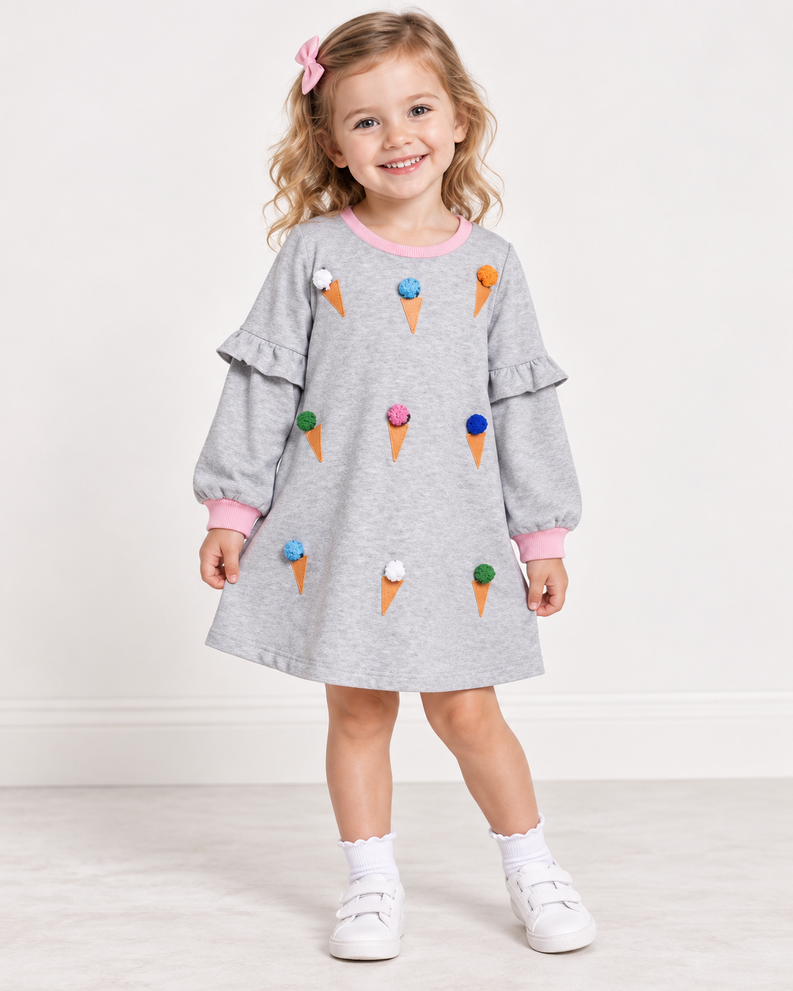 Ruffle Dress w/Ice Cream- Heather Gray