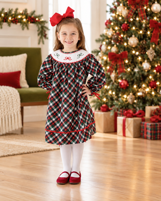 Smocked Dress- Green Plaid & Bows