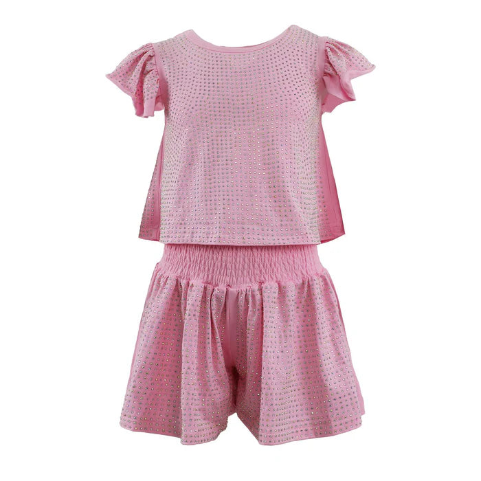 Pink Crystal Ruffle Short Set