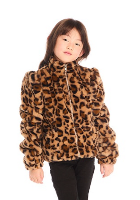 Faux Fur Puff Sleeve Jacket- Leopard