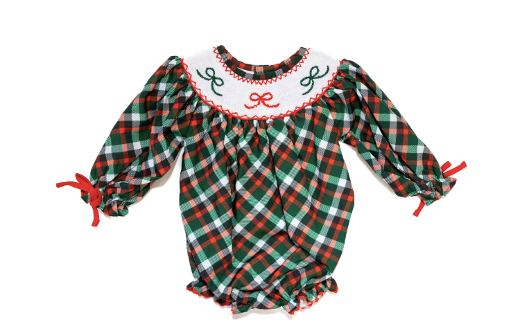 Girls Smocked Bubble- Green Plaid & Bows
