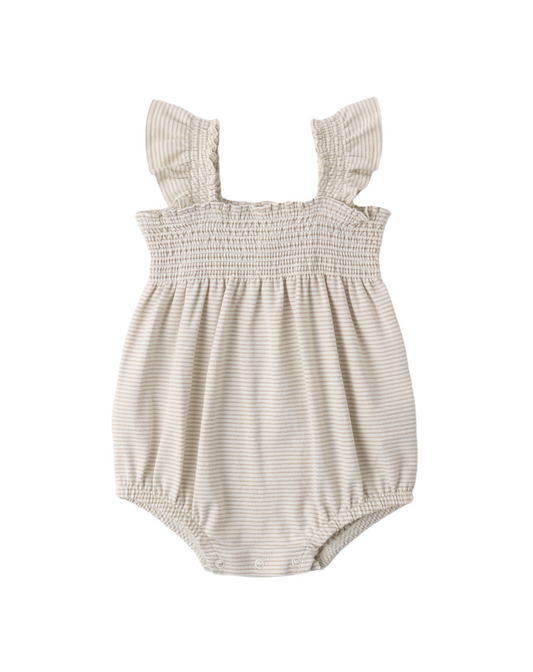 Smocked Ruffle Romper- Oat Stripe