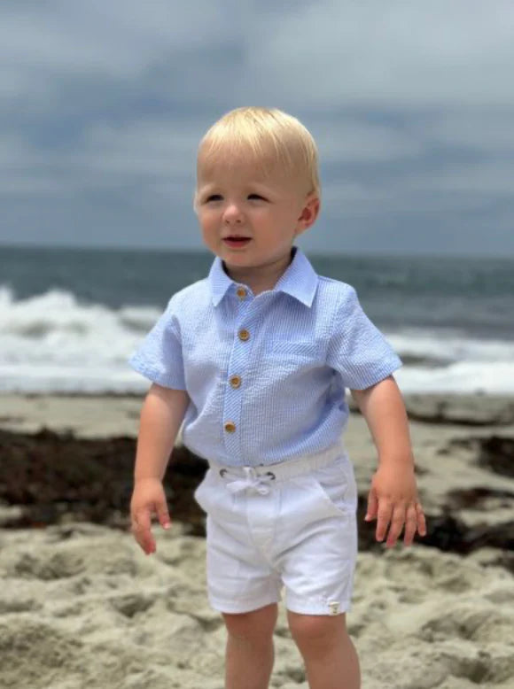 Helford Woven Onesie- Pale Blue Seersucker
