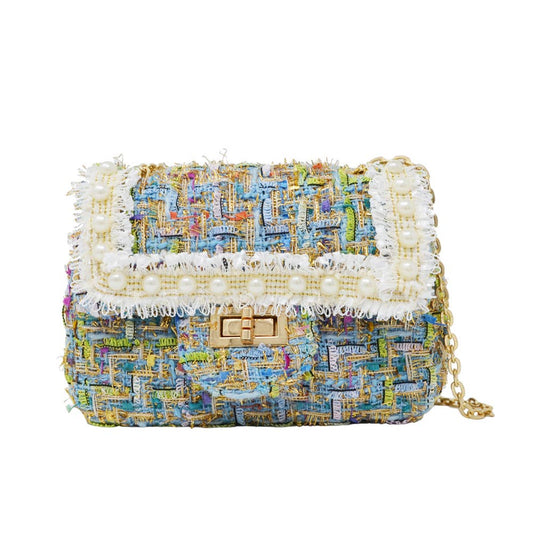 Tweed Handbag with Pearls - Blue