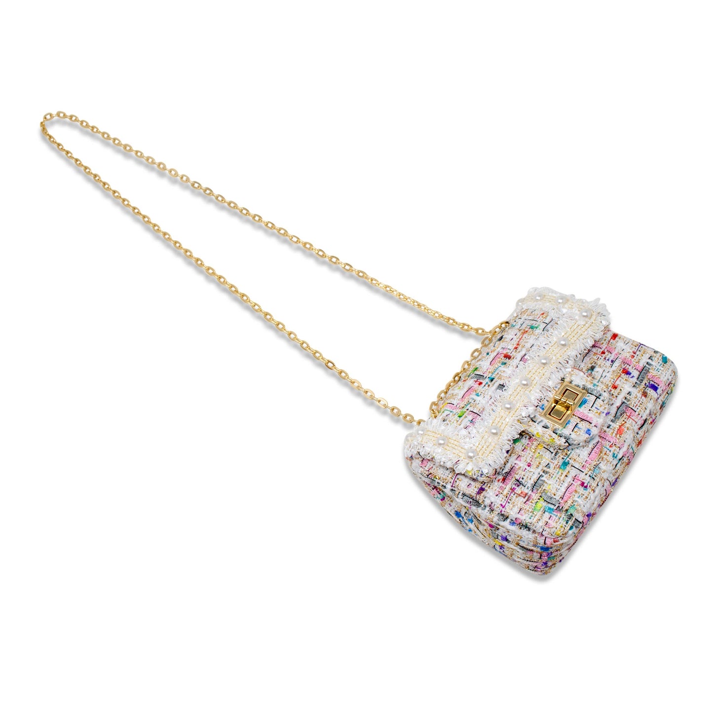 Tweed Handbag with Pearls- White