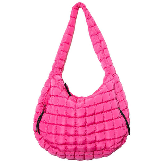 Quilted Hobo Tote Bag - Hot Pink