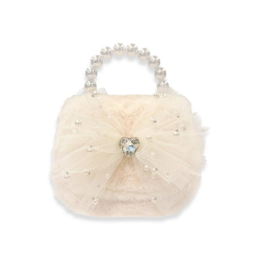 Mesh Bow Furry Purse - Beige