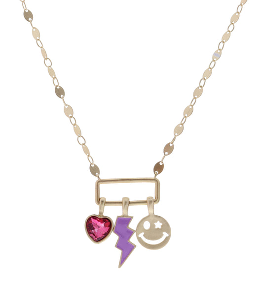 Pink Crystal Heart, Lightning, Happy Face Necklace 14"