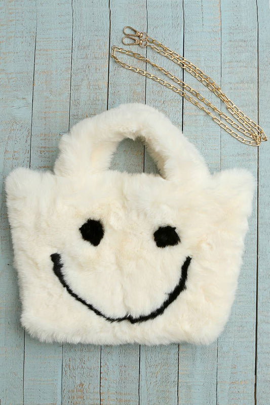 Fuzzy Happy Face Purse - Cream