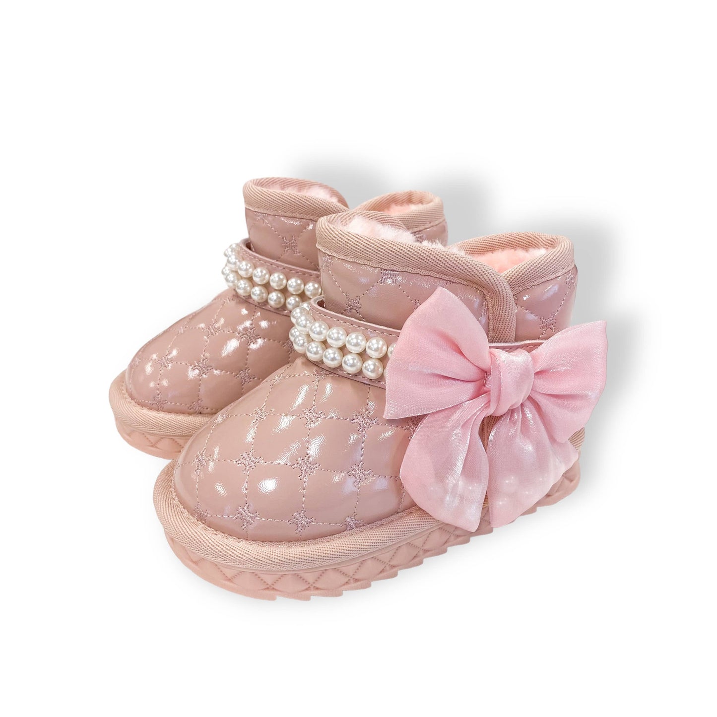 Pearl Strap Quilted Boots - Pink