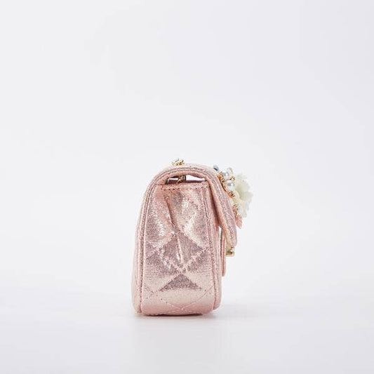 Floral Appliques Shiny Quilted Purse - PINK