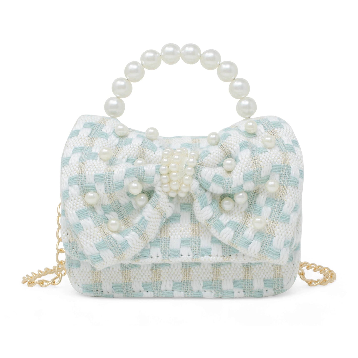 Tweed Jumbo Pearl Bow Handbag- Teal