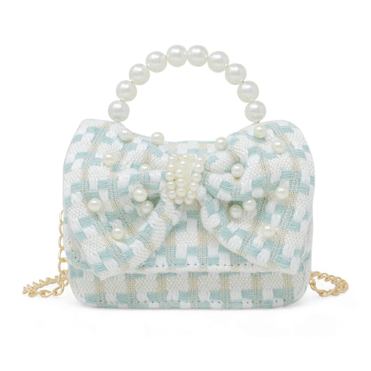 Tweed Jumbo Pearl Bow Handbag- Teal