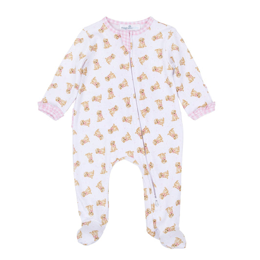 Sweet Golden Ruffle Zip Footie - Pink