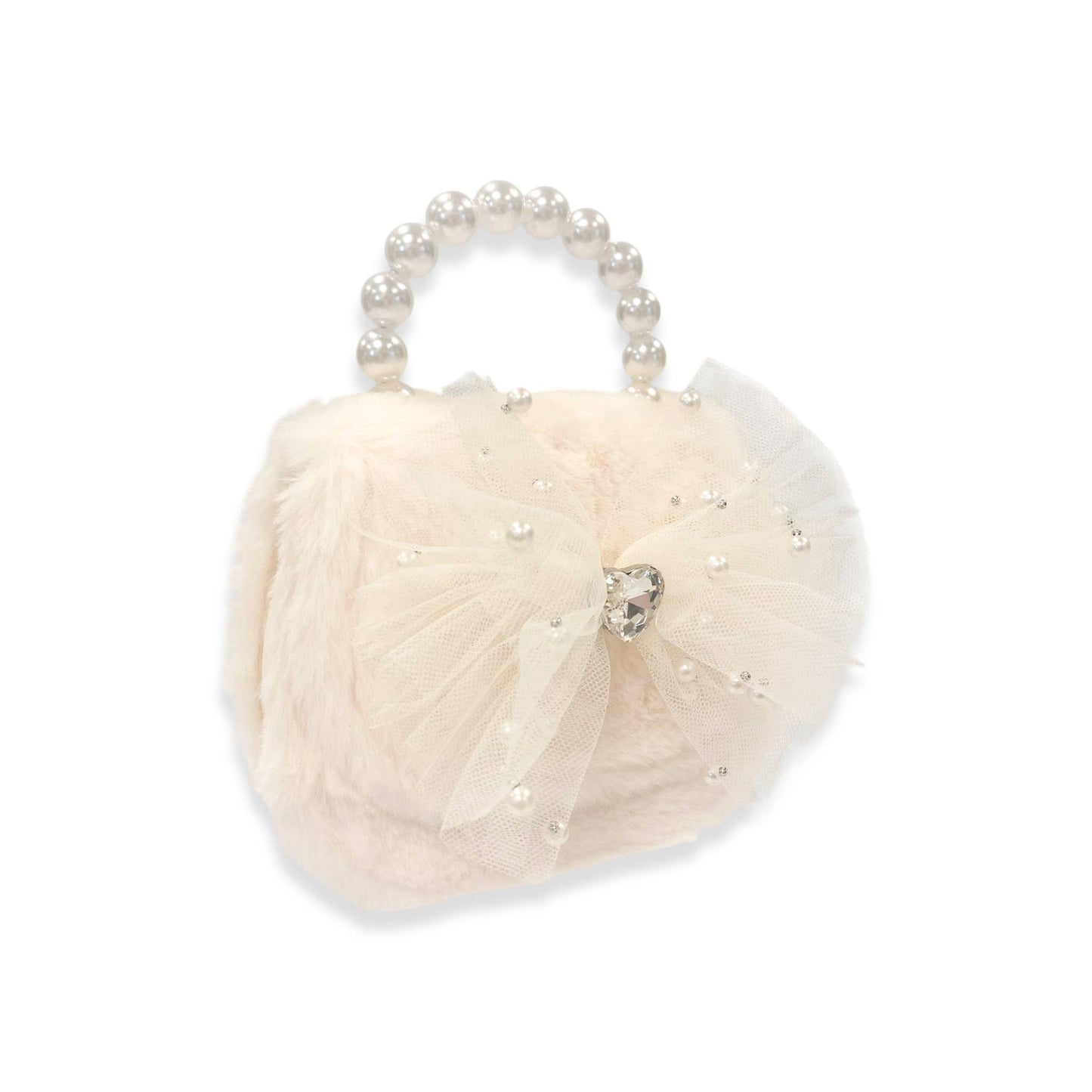 Mesh Bow Furry Purse - Beige