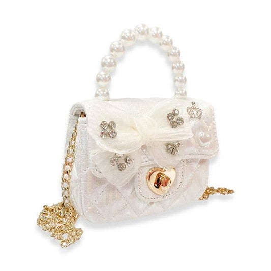 Embellished Bow Shiny Quilted Purse - White