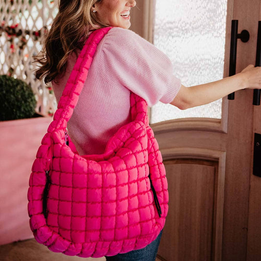 Quilted Hobo Tote Bag - Hot Pink