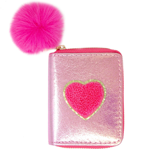 Shiny Heart Patch Wallet- Hot Pink
