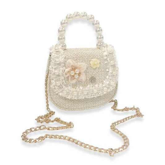 Floral Decor Tweed Purse -Beige