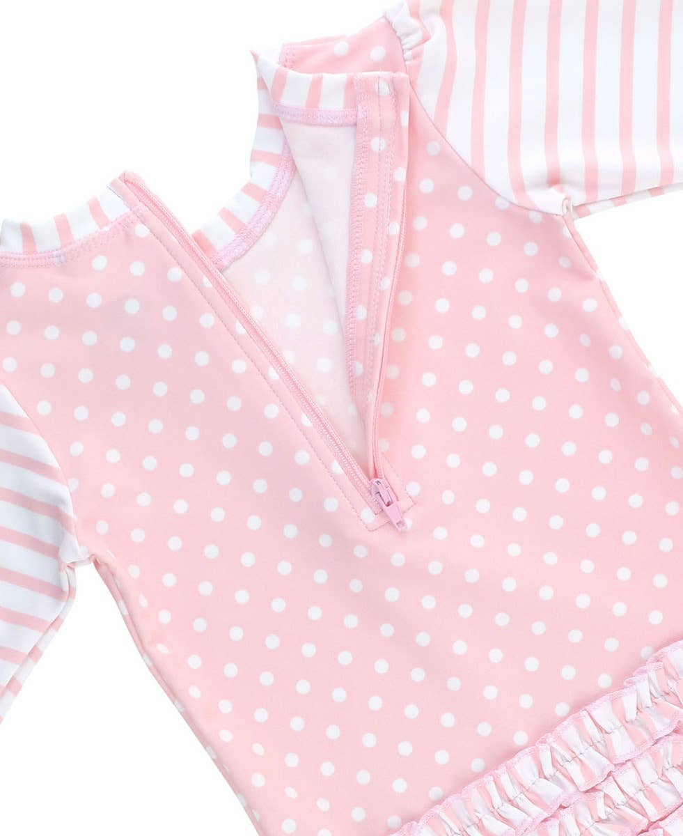 Pink Polka Dot LS One Piece Rash Guard Swim