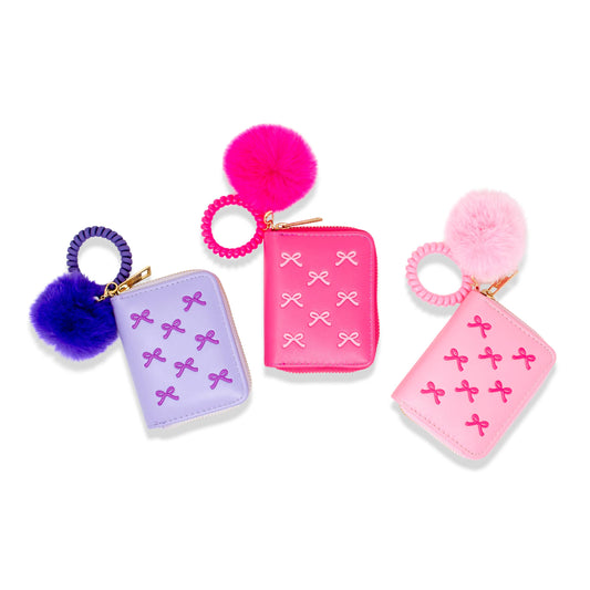 Bow Pom Pom Zip Wallet- Pink