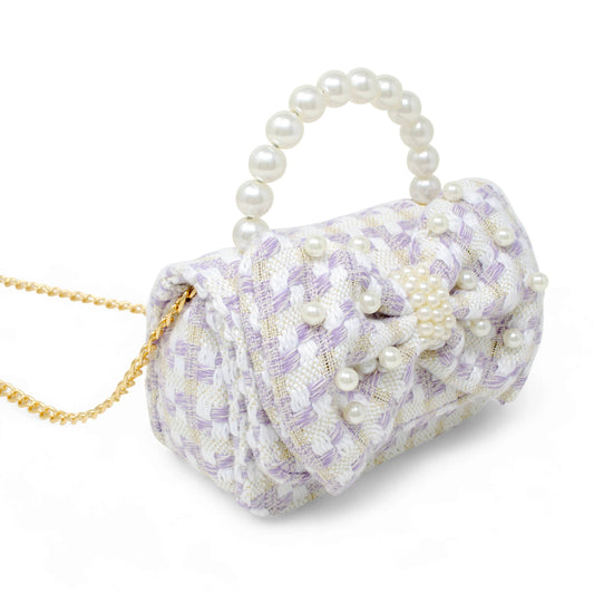 Tweed Jumbo Pearl Bow Handbag- Purple