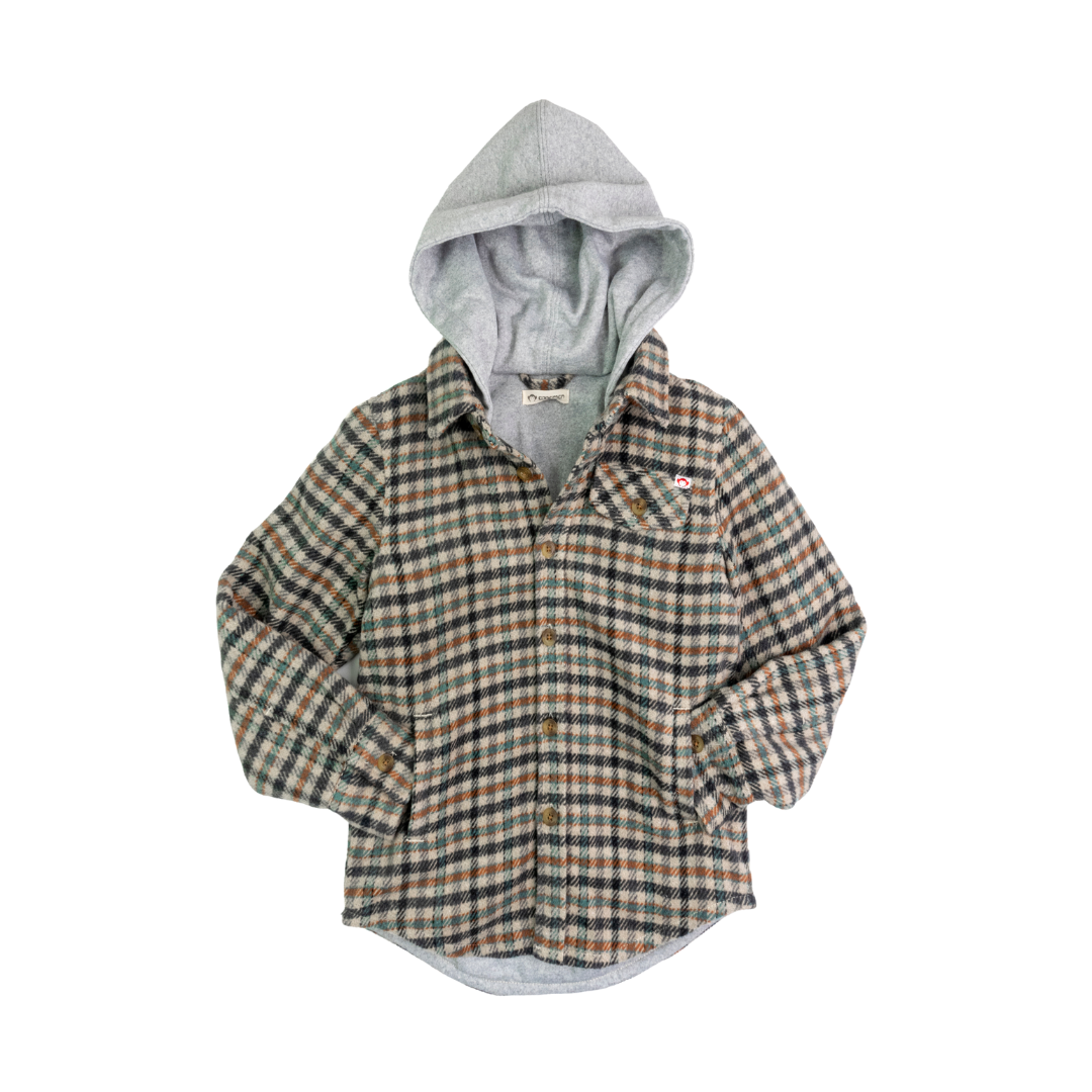 Toddler Hooded Shirt - Beige/Teal Check