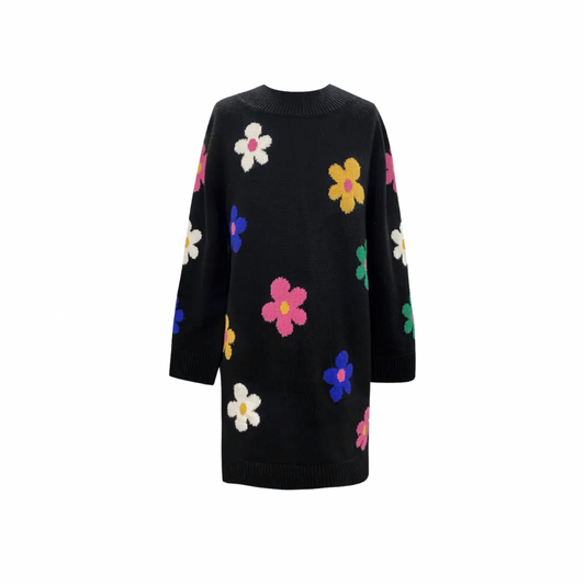 Sweater Dress with Colorful Flowers- Black