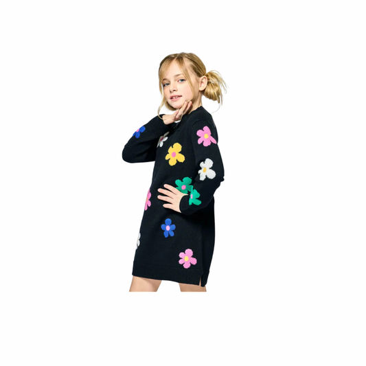Sweater Dress with Colorful Flowers- Black