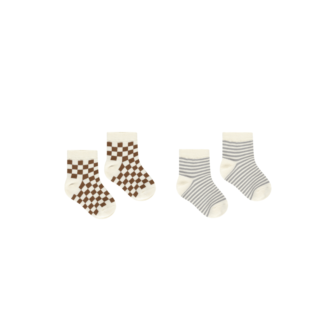 R+C Socks- Blue Stripe/Saddle Check