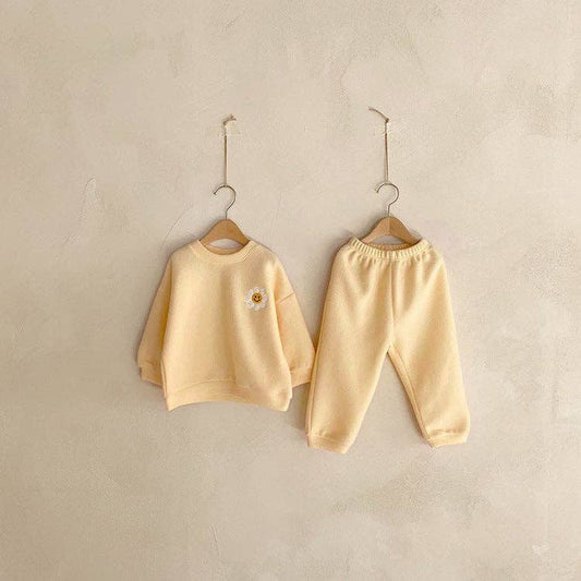 Yellow Sunflower Patched Pattern Hoodie Set
