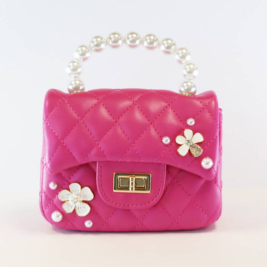 Fuchsia Pearl Handle Quilted Leather Purse w/ Charms