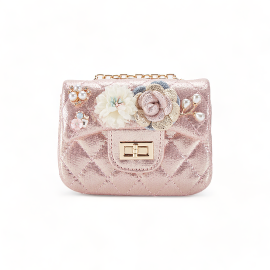 Floral Appliques Shiny Quilted Purse - PINK