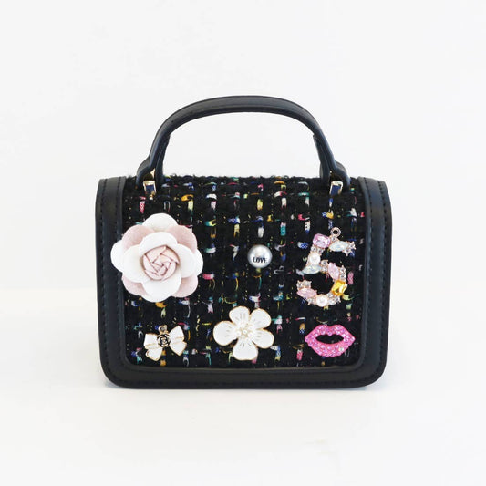 BLACK Floral & Charms Tweed Purse