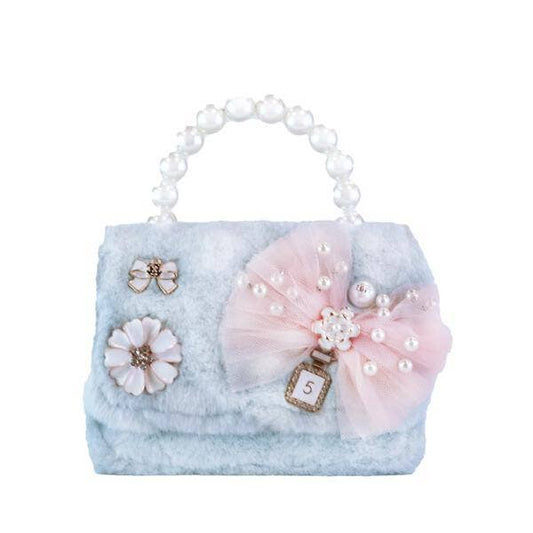 BLUE Bow & Floral Furry Purse